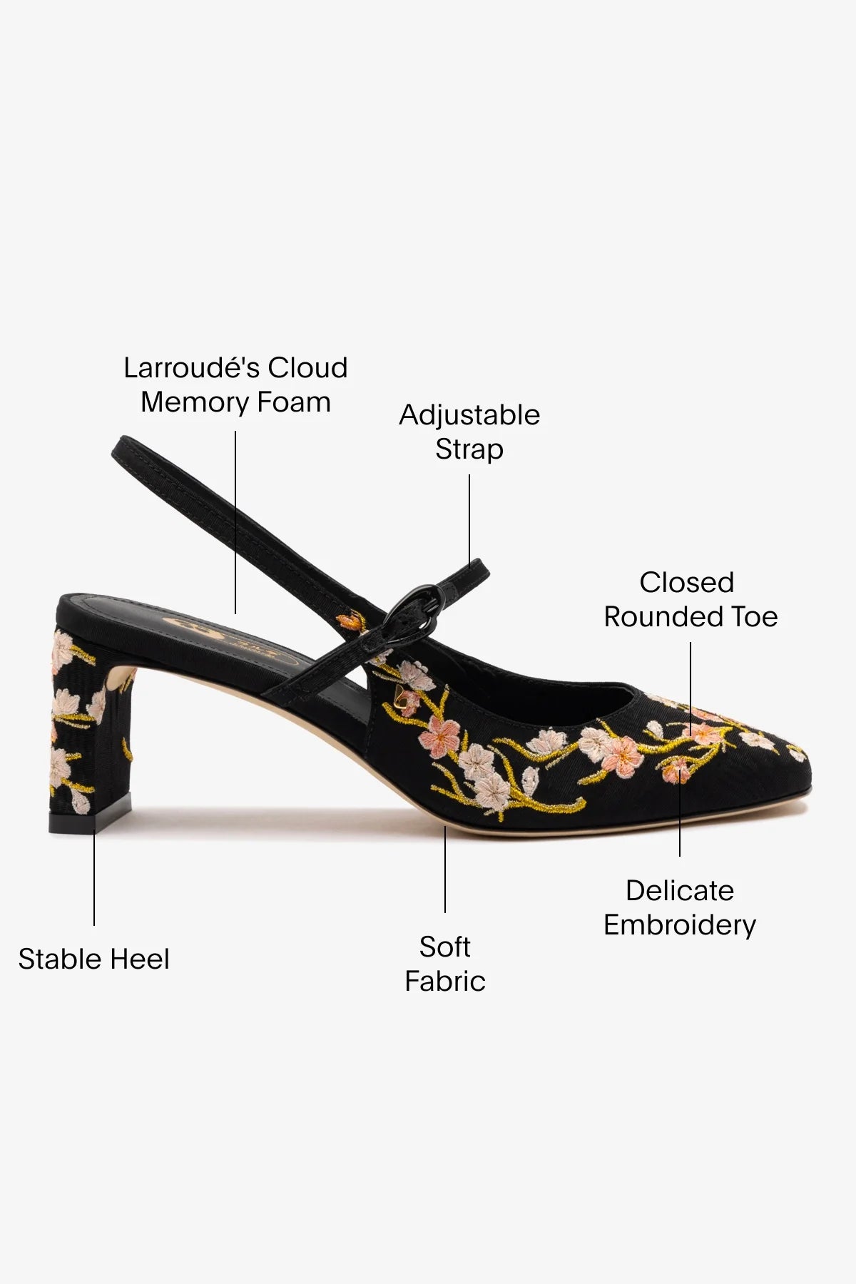 Slingback Georgina Sakura Seda Preto e Bordado Floral