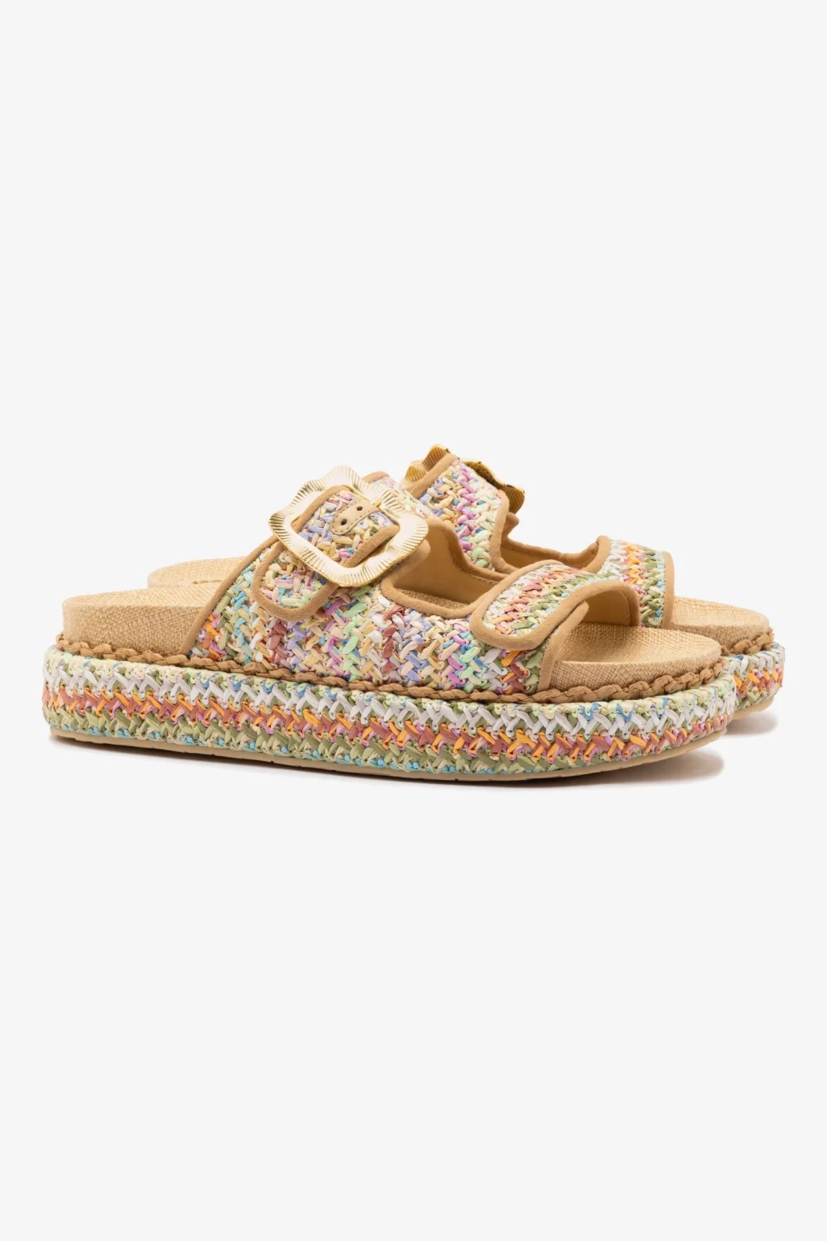 Flat Maui Ráfia Multicor e Couro Bege