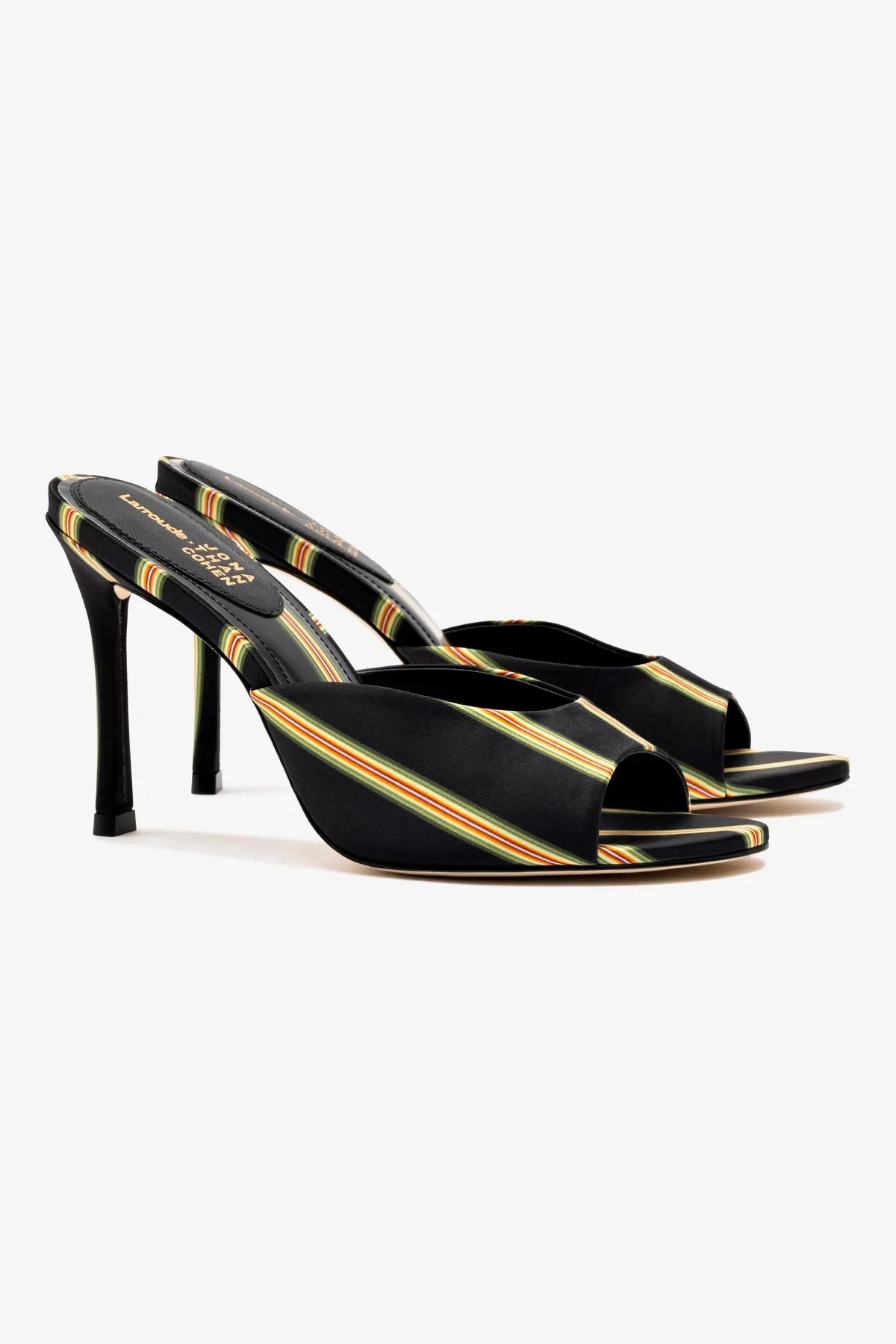 Larroudé x Jonathan Cohen Mule In Black Striped Satin