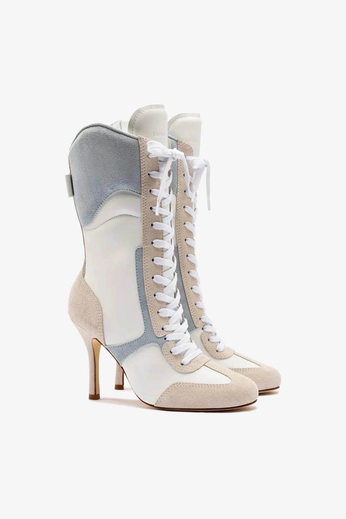 Larroudé x Jonathan Cohen High Heel Sneaker Boot In White Leather, Maya and Mushroom Grey Suede