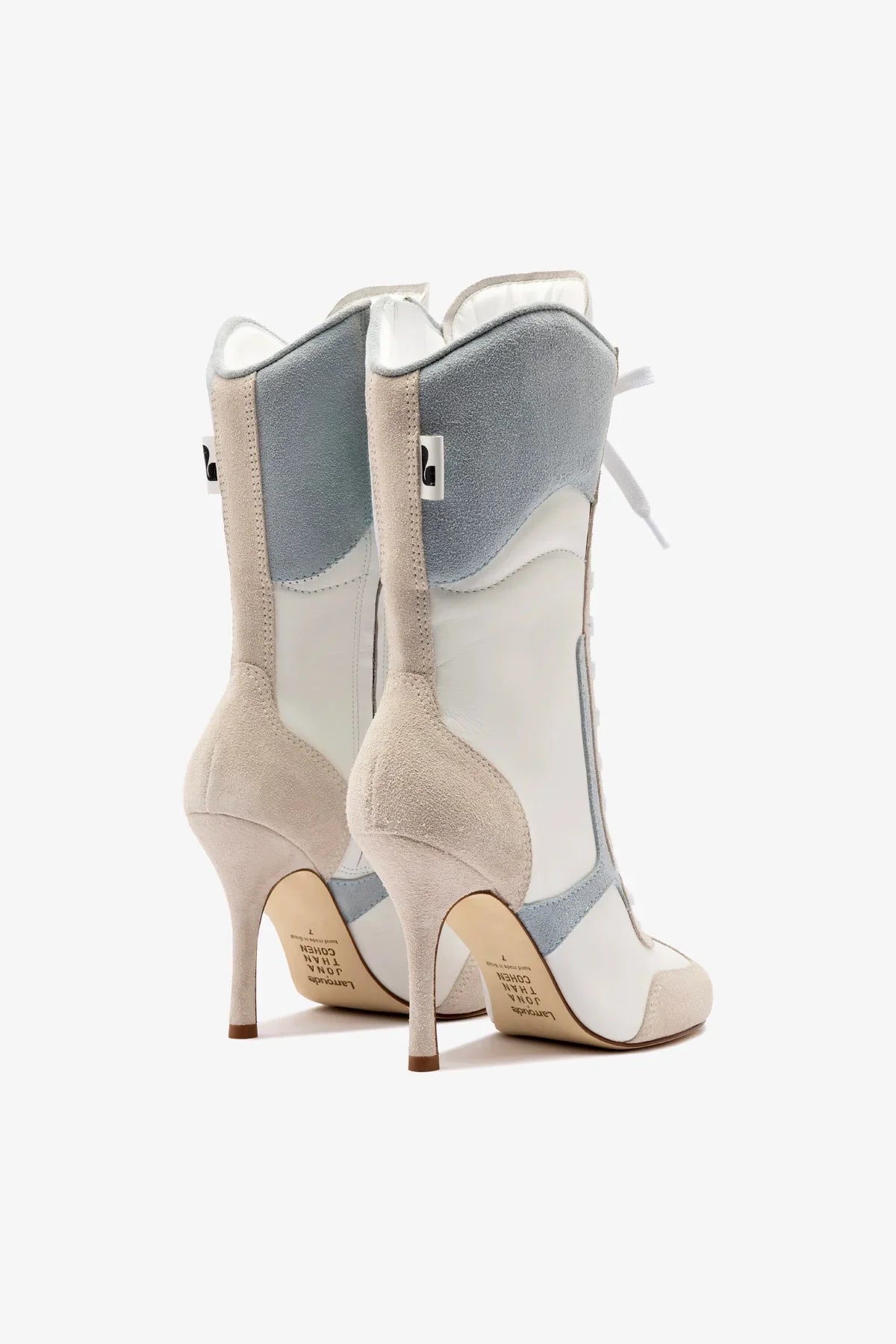 Larroudé x Jonathan Cohen High Heel Sneaker Boot In White Leather, Maya and Mushroom Grey Suede