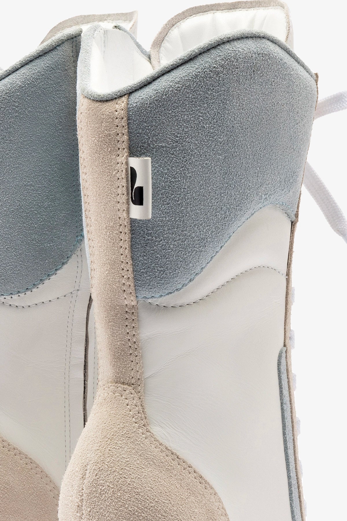 Larroudé x Jonathan Cohen High Heel Sneaker Boot In White Leather, Maya and Mushroom Grey Suede