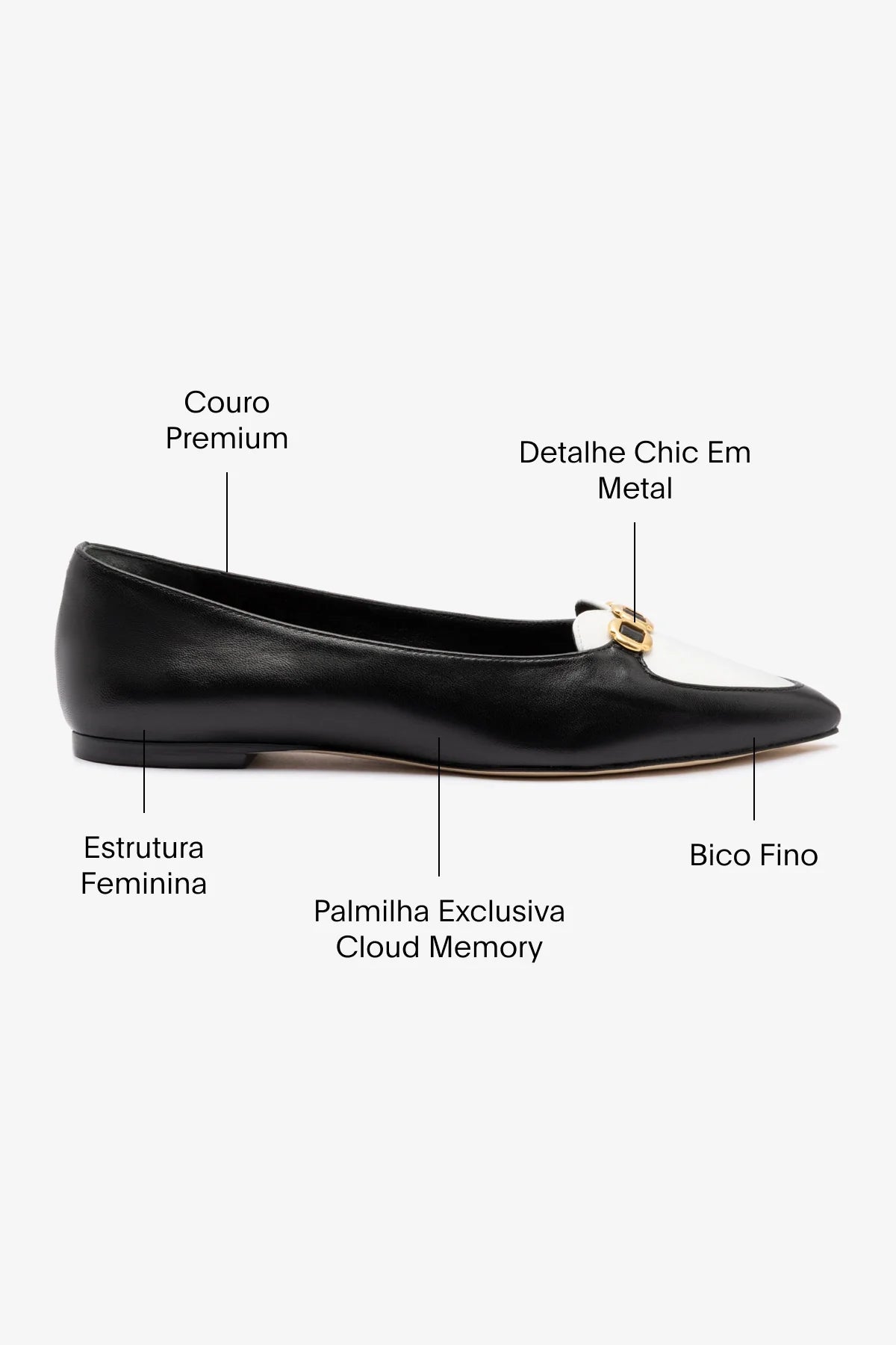 Mocassim Audrey Couro Preto e Couro Branco
