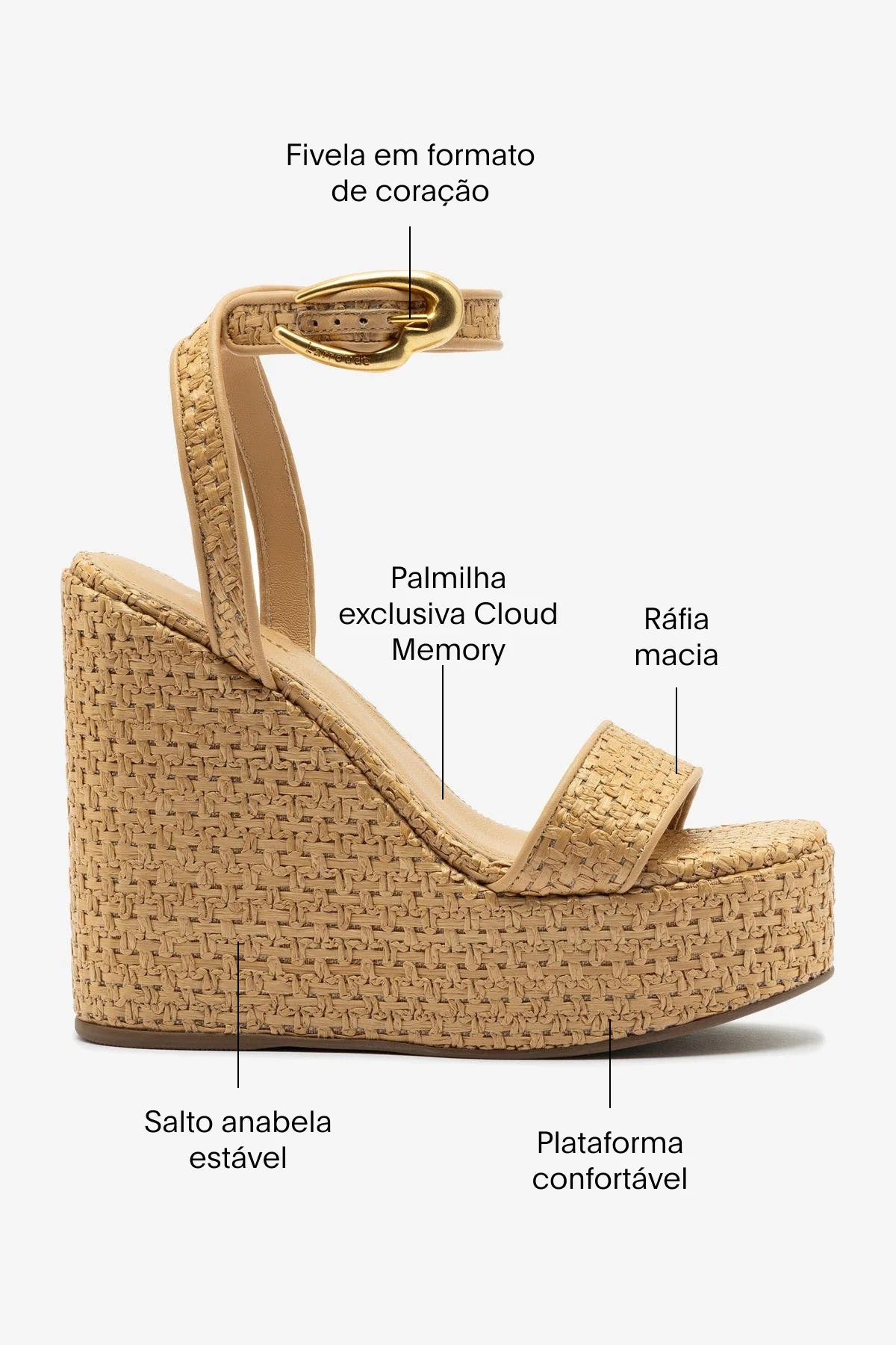 Sandália Anabela Verona Hi Ráfia Natural e Couro Bege