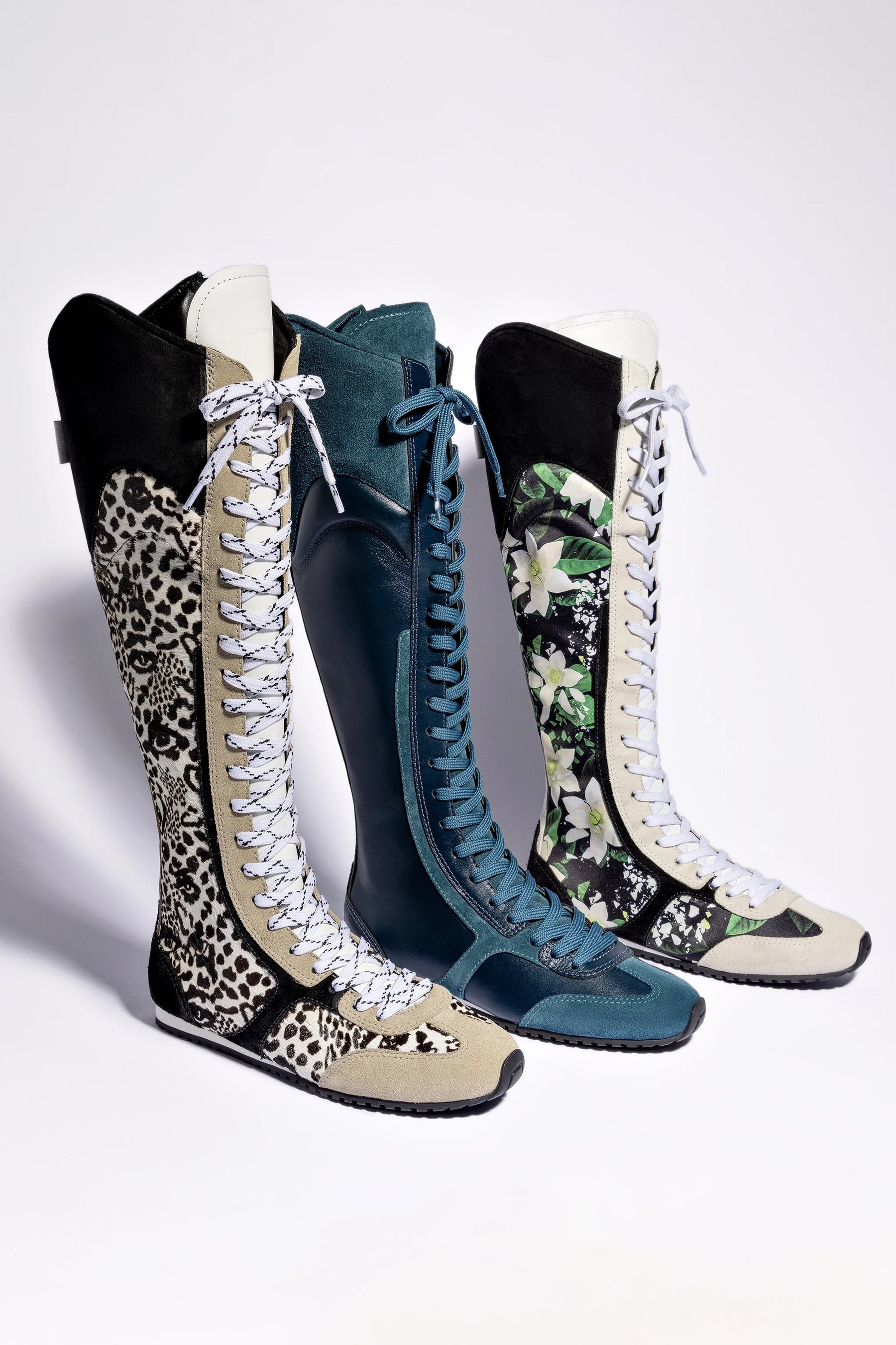 Larroudé x Jonathan Cohen Flat Hi Sneaker Boot In Black Gardenias Satin And Black Suede