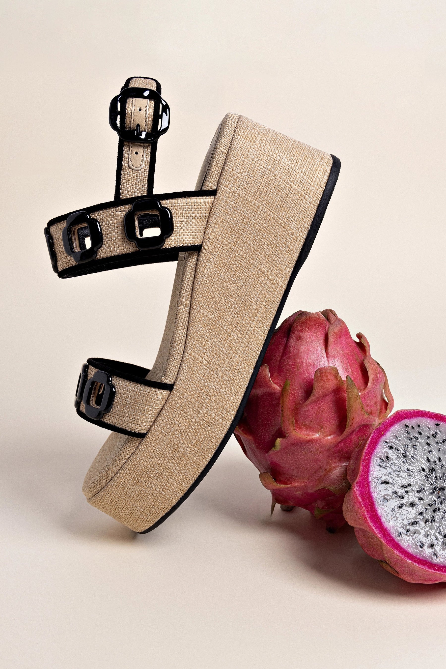 Flatform Milan Ráfia Bege e Camurça Preto