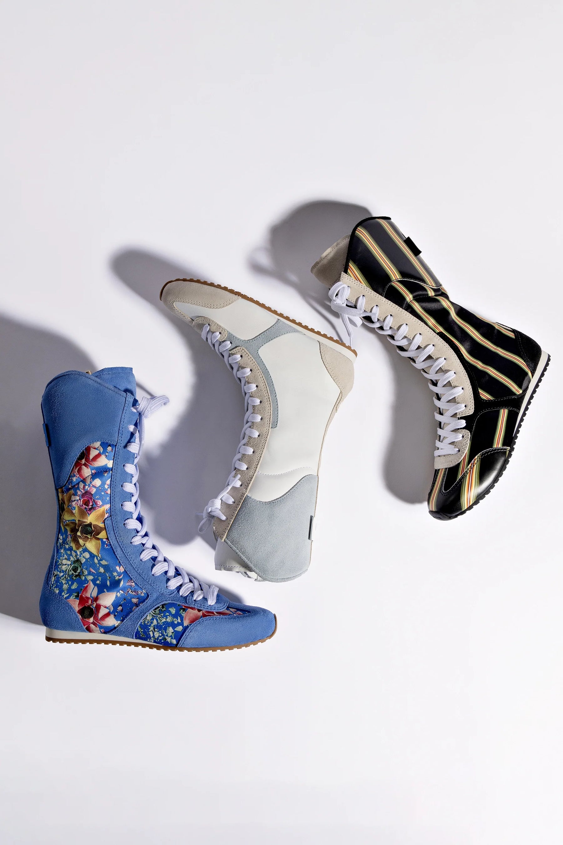 Larroudé x Jonathan Cohen Flat Lo Sneaker Boot In White Leather, Maya and Mushroom Grey Suede