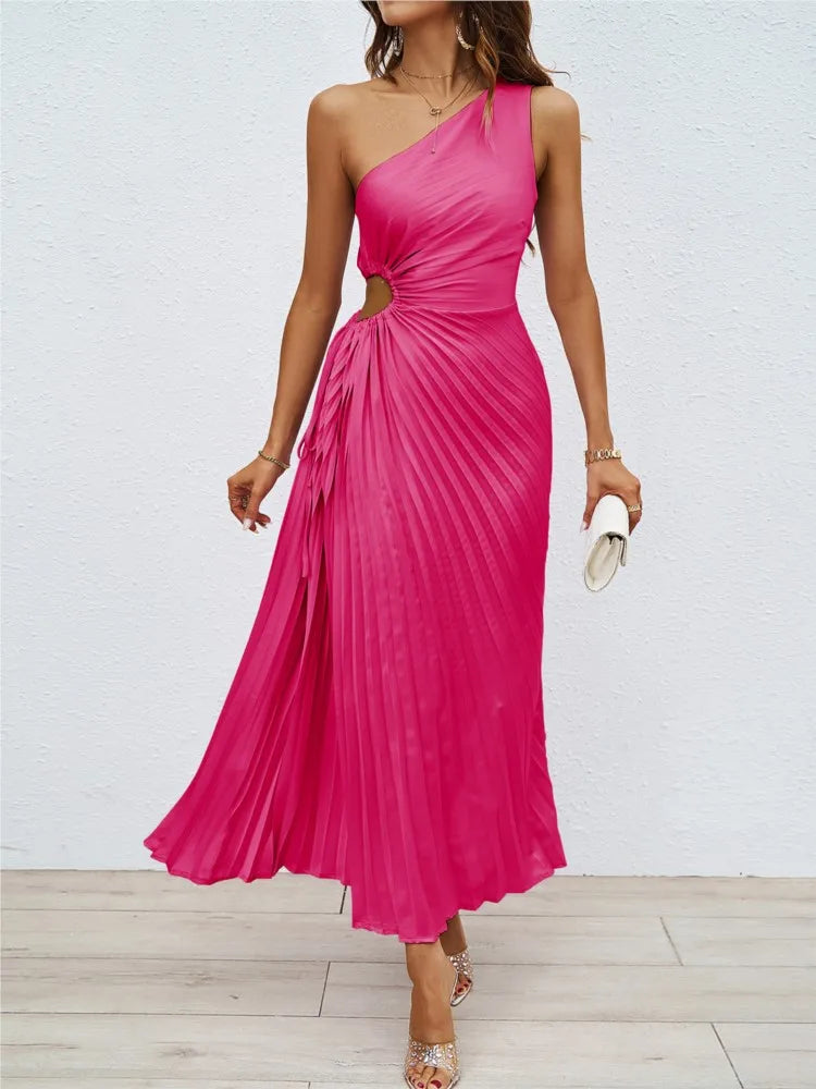 Vestido Feminino Ombro Único com Pregas e Recortes