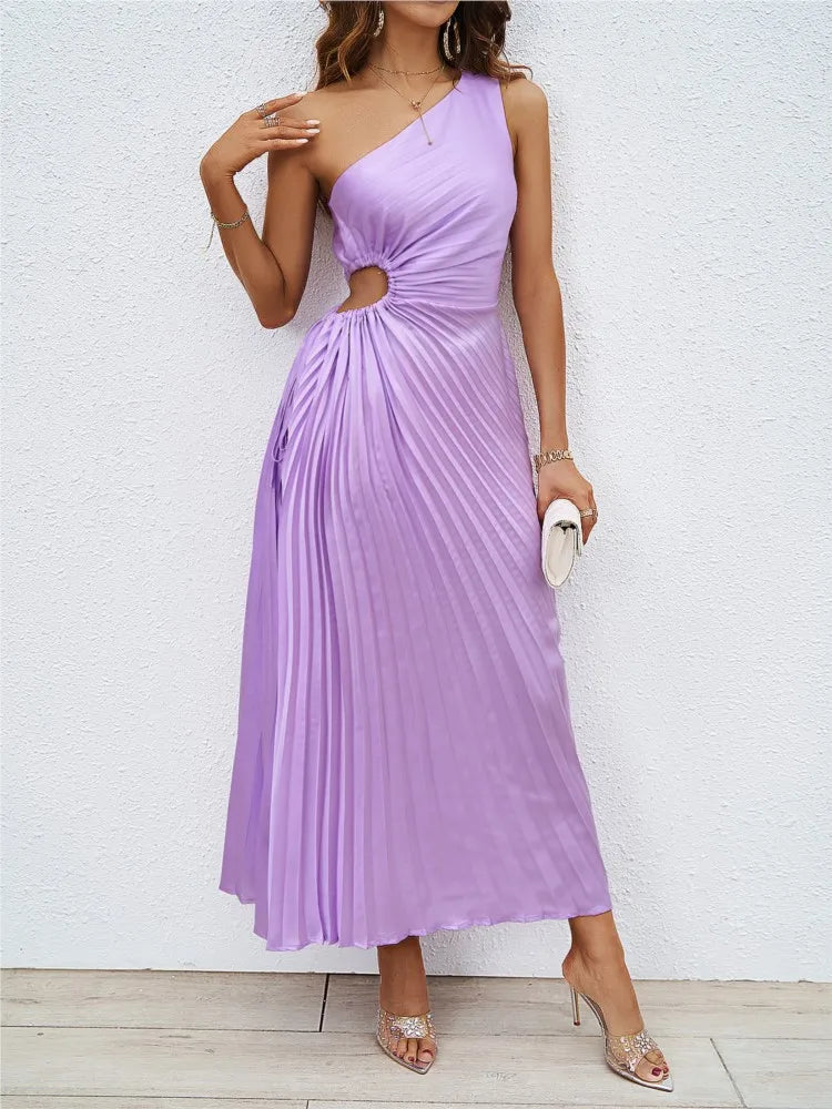 Vestido Feminino Ombro Único com Pregas e Recortes