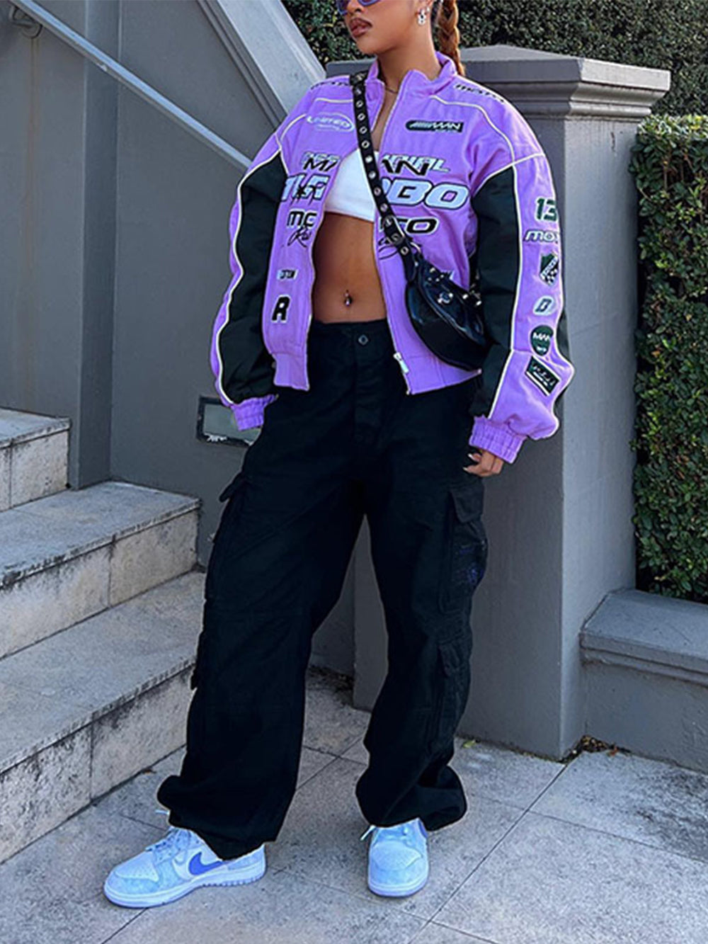 Jaqueta Casual Estampada Solta de Manga Comprida - Lavanda