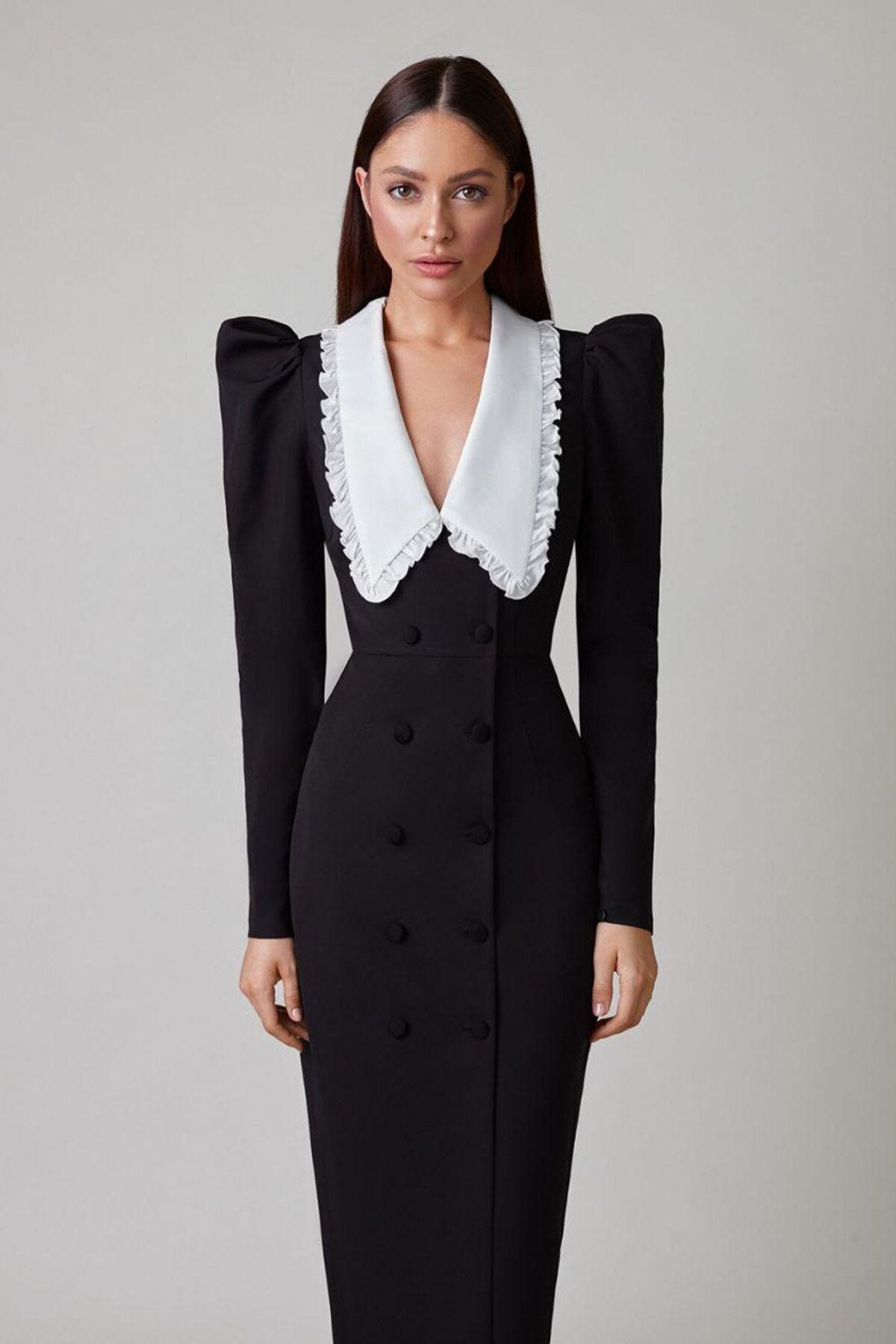 Vestido Midi com Gola Peter Pan e Decote em V - Kathy