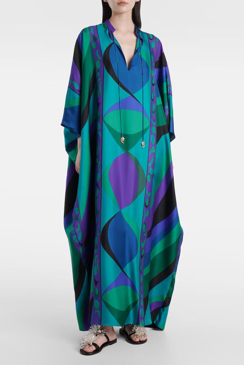 Vestido Kaftan Longo em Cetim com Estampa Psicodélica Iride