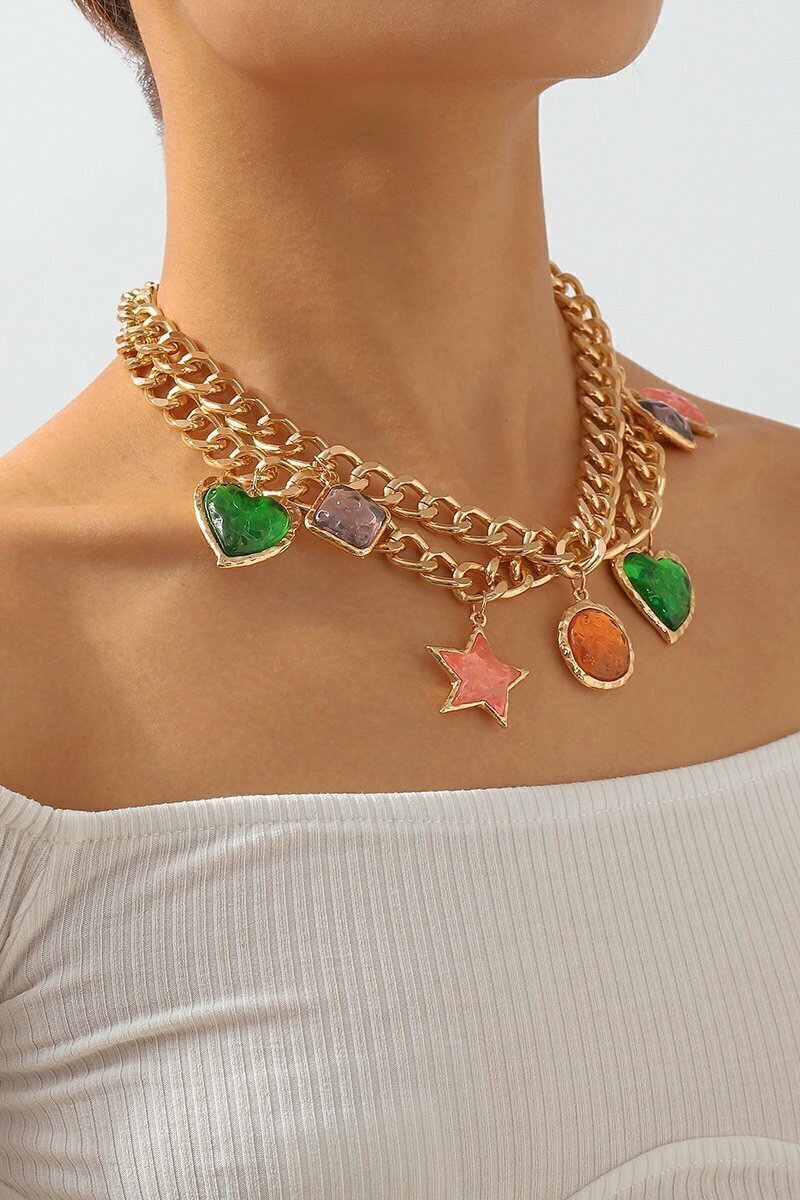 Colar de Pêndulo de Pedra Preciosa Vintage Metalizada