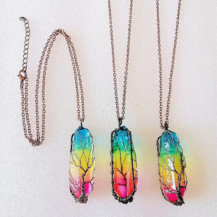 Colar de Cobre Vermelho Envelhecido com Árvore da Vida e Cristal em Coluna