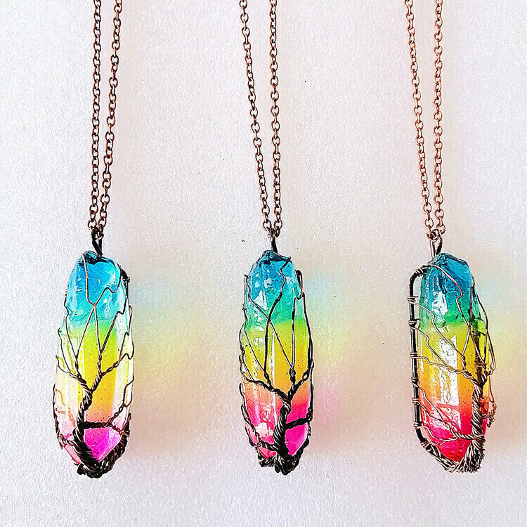 Colar de Cobre Vermelho Envelhecido com Árvore da Vida e Cristal em Coluna