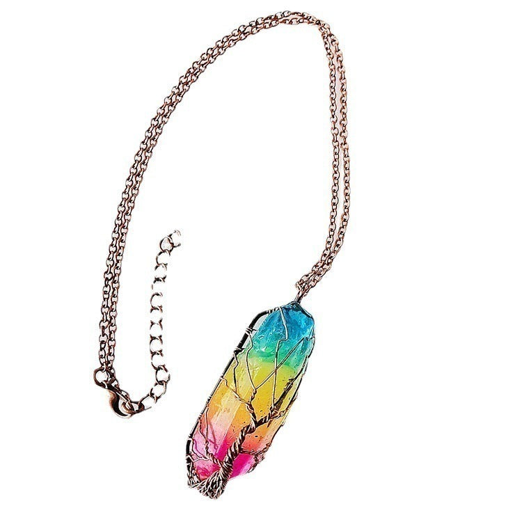 Colar de Cobre Vermelho Envelhecido com Árvore da Vida e Cristal em Coluna