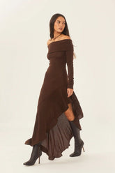 Vestido Midi de Tricot com Decote Ombro a Ombro e Saia Flare - Alisa