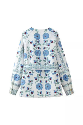 Jaqueta Casual Street com Flores, Laço e Botões em Patchwork com Decote Redondo