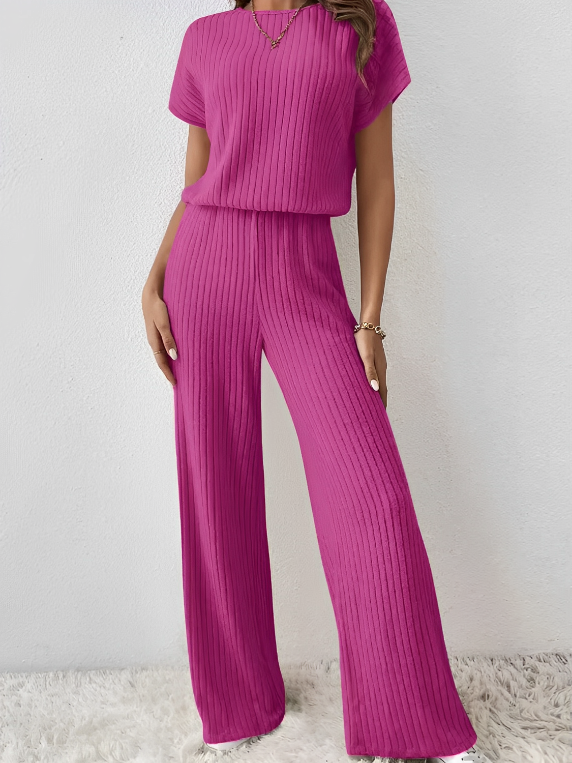 Conjunto Feminino Longo de Malha com  Blusa  Manga Morcego  e Calça Pantalona– Maite