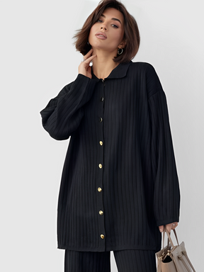 Conjunto Feminino com Camisa Alongada de Botões e Calça Reta com Elástico - Camila