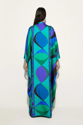 Vestido Kaftan Longo em Cetim com Estampa Psicodélica Iride
