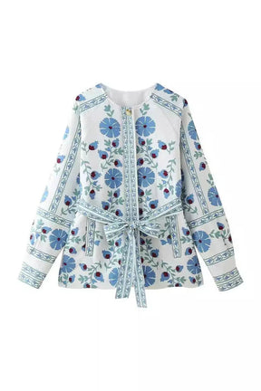 Jaqueta Casual Street com Flores, Laço e Botões em Patchwork com Decote Redondo