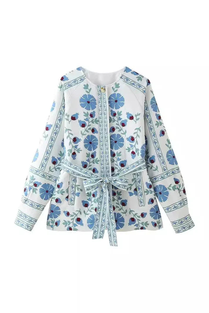 Jaqueta Casual Street com Flores, Laço e Botões em Patchwork com Decote Redondo