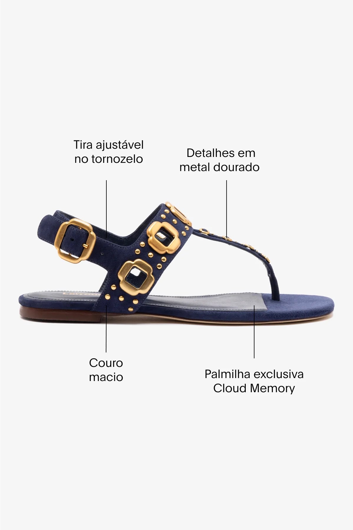 Sandália Flat Milan Couro Azul e Tachas Dourado