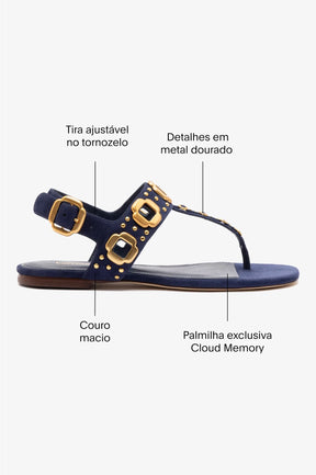 Sandália Flat Milan Couro Azul e Tachas Dourado