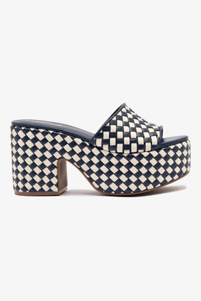 Mule Plataforma Miso Couro Azul e Couro Off White