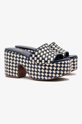 Mule Plataforma Miso Couro Azul e Couro Off White