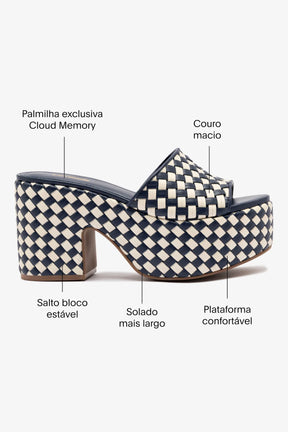 Mule Plataforma Miso Couro Azul e Couro Off White