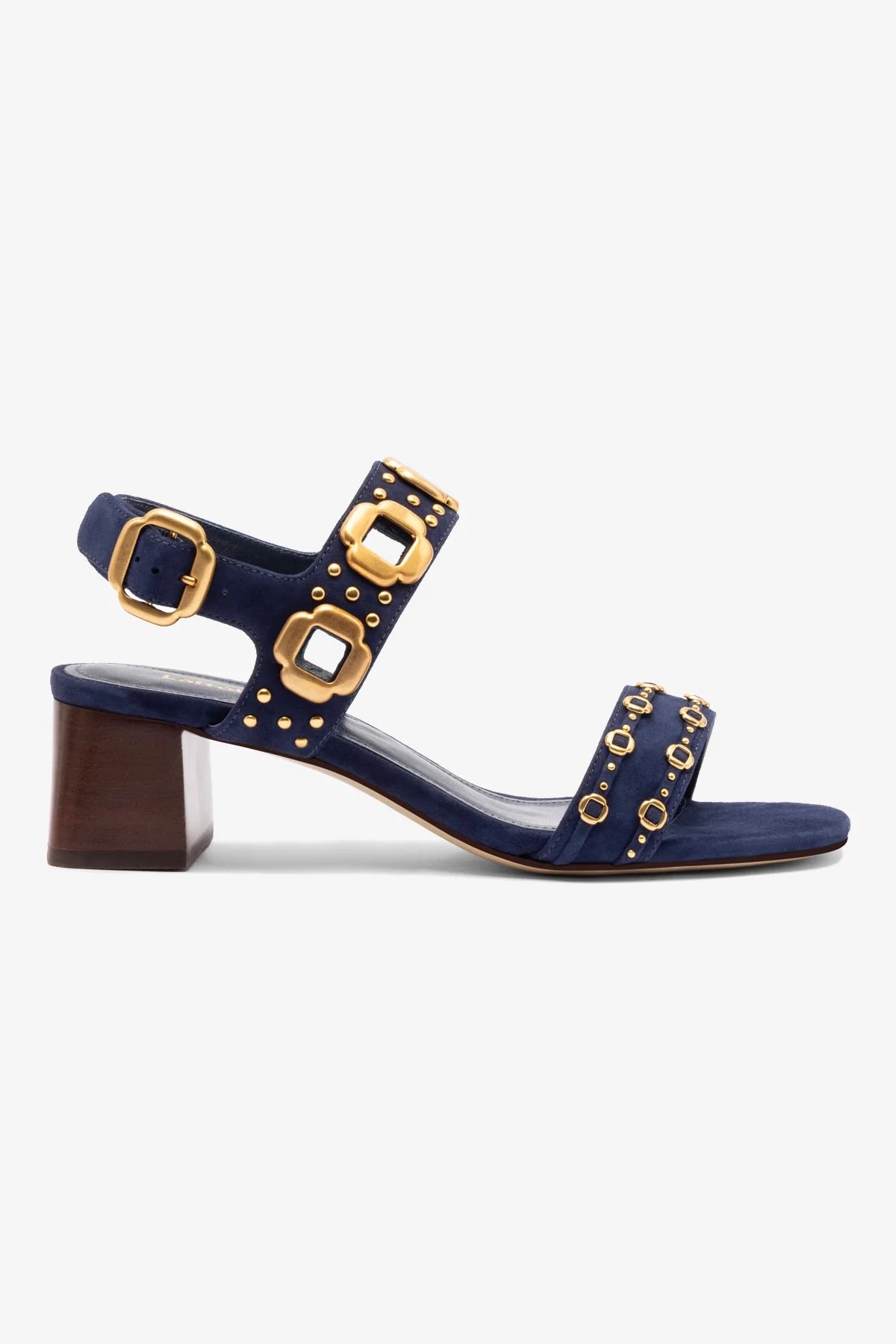 Sandália Salto Bloco Milan Azul e Tachas Dourado