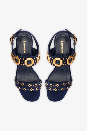 Sandália Salto Bloco Milan Azul e Tachas Dourado