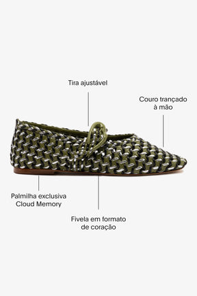 Sapatilha Verona New Macramê Couro Verde Preto e Prateado