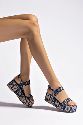 Flatform Florence Ráfia Tie Dye Bege e Azul