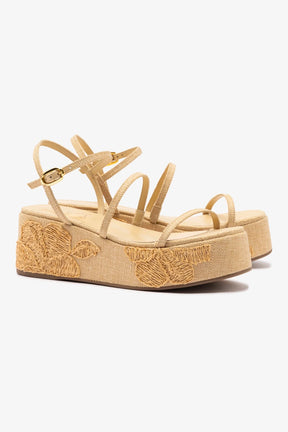 Flatform Gio Ráfia Bege Bordado Floral