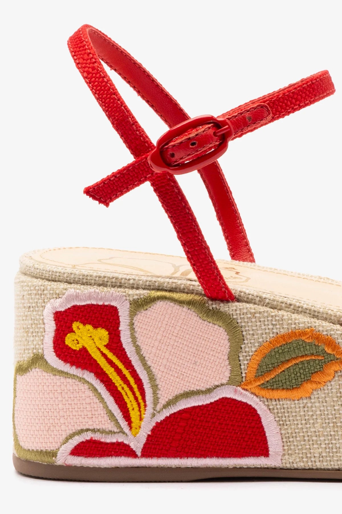 Flatform Gio Ráfia Bege e Vermelho Bordado Floral