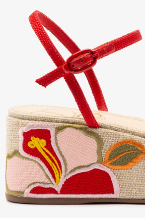 Flatform Gio Ráfia Bege e Vermelho Bordado Floral