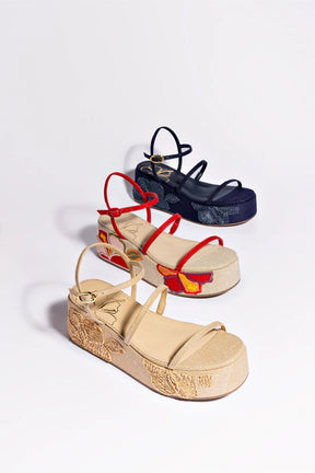 Flatform Gio Ráfia Bege e Vermelho Bordado Floral