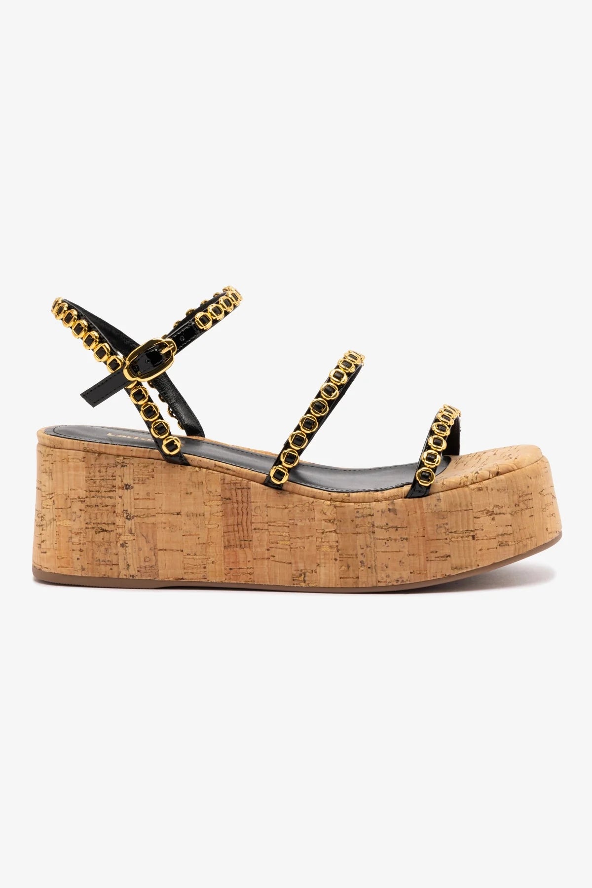 Flatform Gio Milanina Couro Verniz Preto e Cortiça