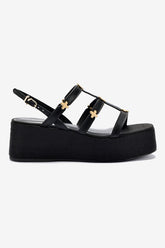 Flatform Harmony Couro Preto e Ráfia Preto