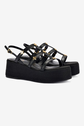 Flatform Harmony Couro Preto e Ráfia Preto