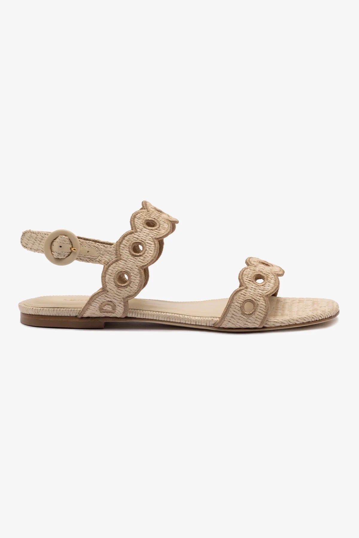 Sandália Flat Florence Broderie Ráfia Bege e Couro Marrom