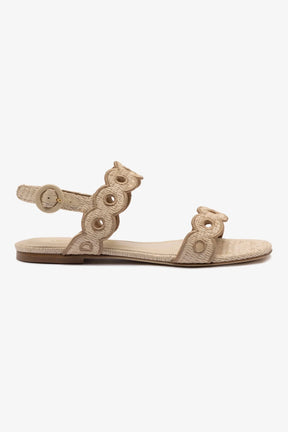 Sandália Flat Florence Broderie Ráfia Bege e Couro Marrom