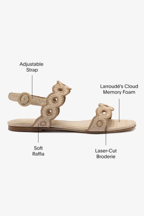 Sandália Flat Florence Broderie Ráfia Bege e Couro Marrom