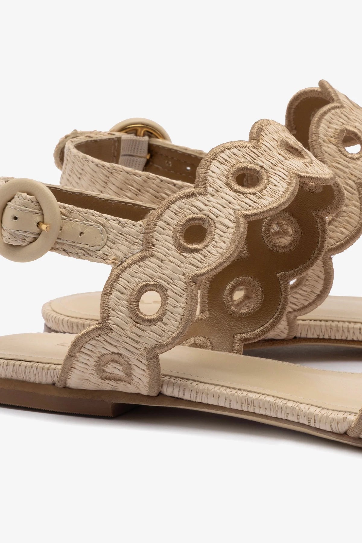 Sandália Flat Florence Broderie Ráfia Bege e Couro Marrom