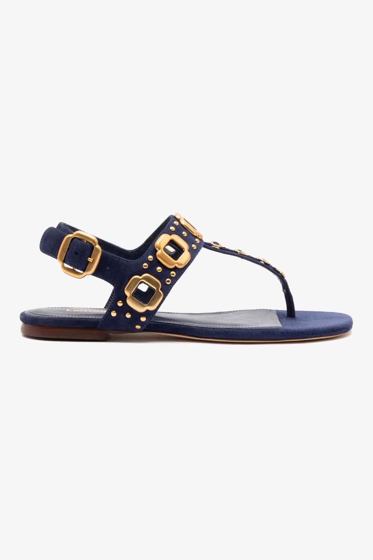Sandália Flat Milan Couro Azul e Tachas Dourado