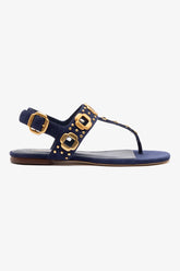 Sandália Flat Milan Couro Azul e Tachas Dourado
