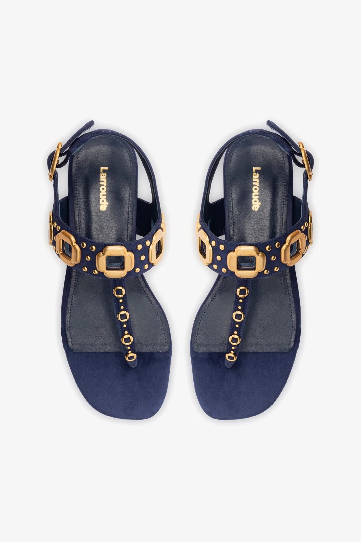 Sandália Flat Milan Couro Azul e Tachas Dourado